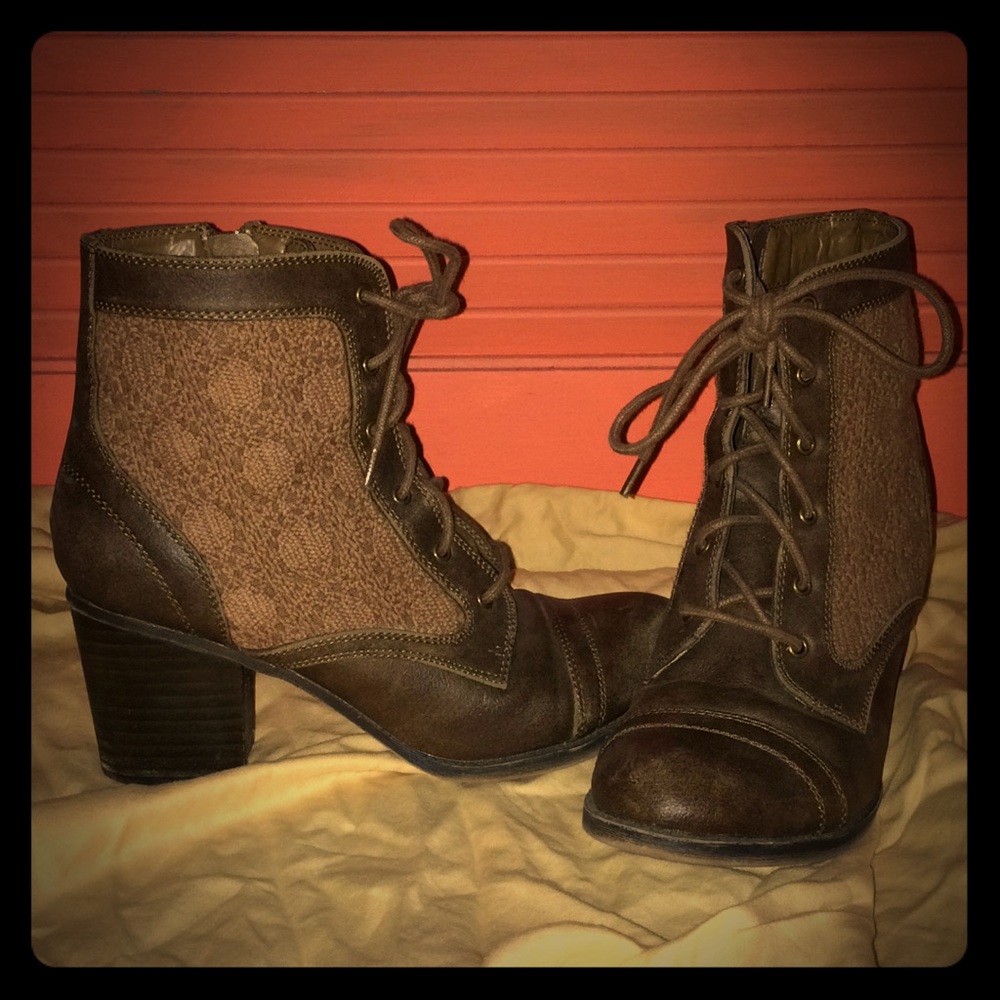 Vintage Leather Booties; Lace Detailing